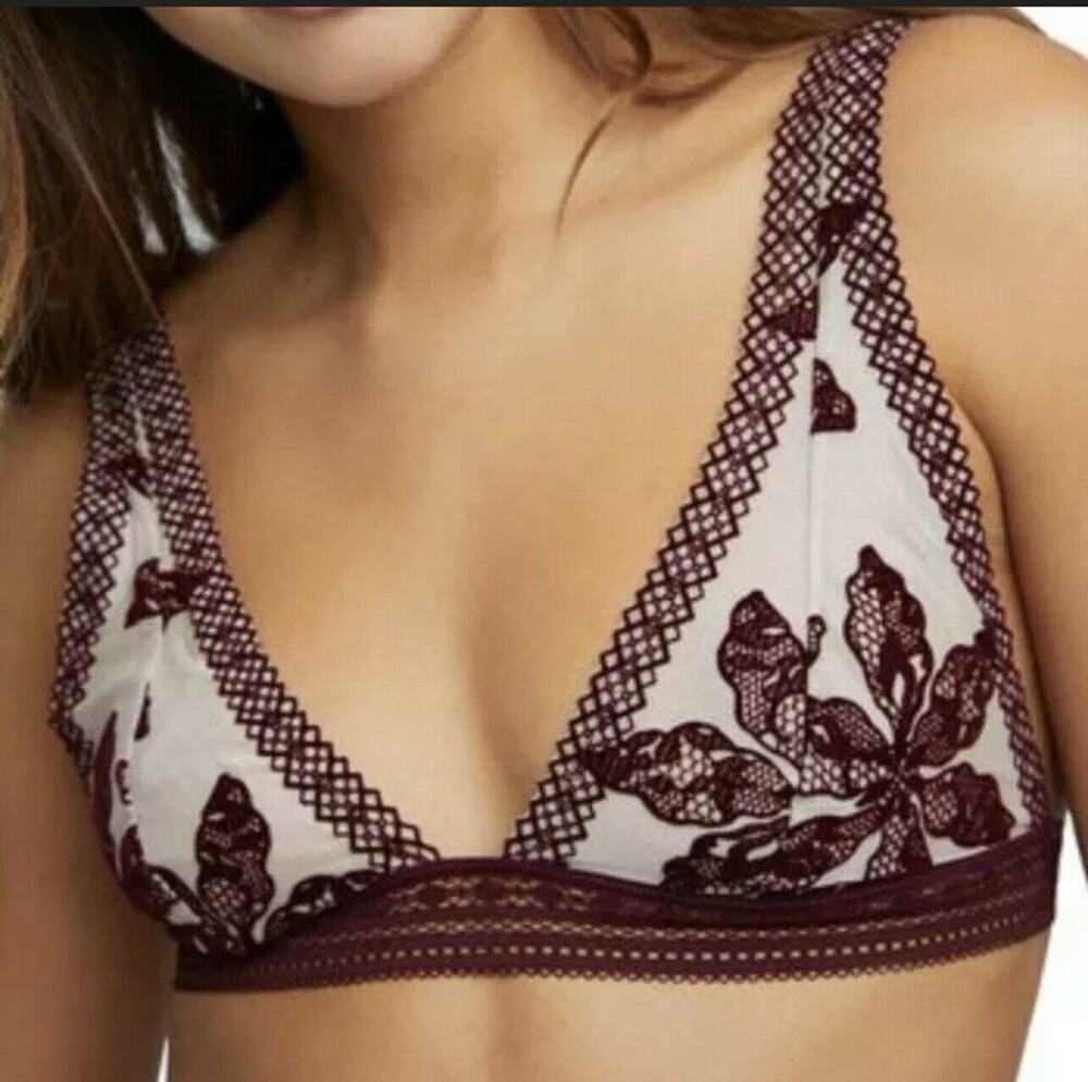 Free People Intimately Alia Bralette Bra X-Small Bordeaux Floral Lace Lingerie
